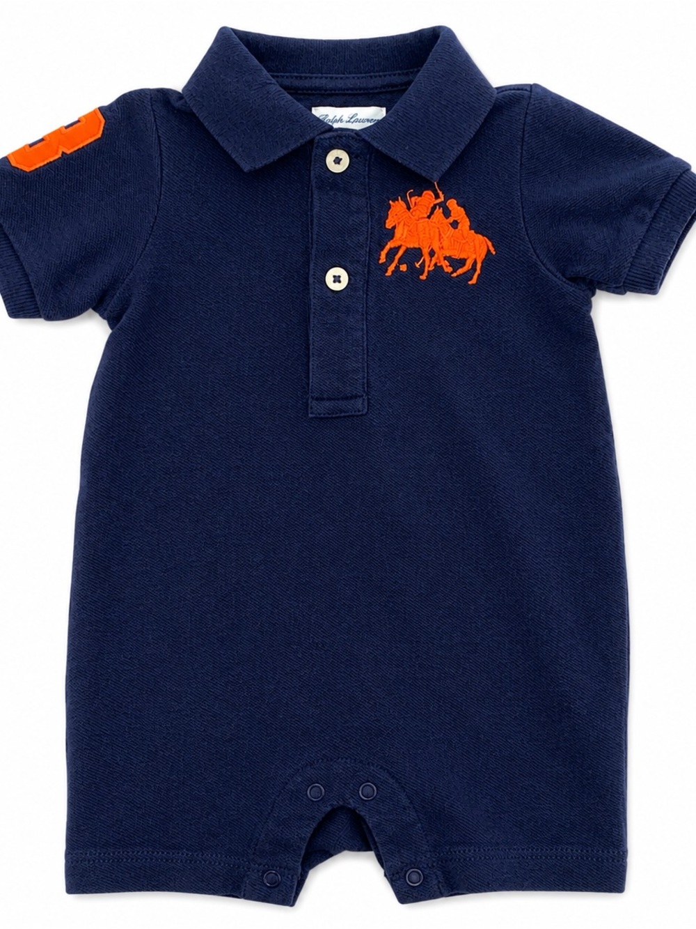 Ralph Lauren Navy Polo Romper with Orange Polo Player Embroidery